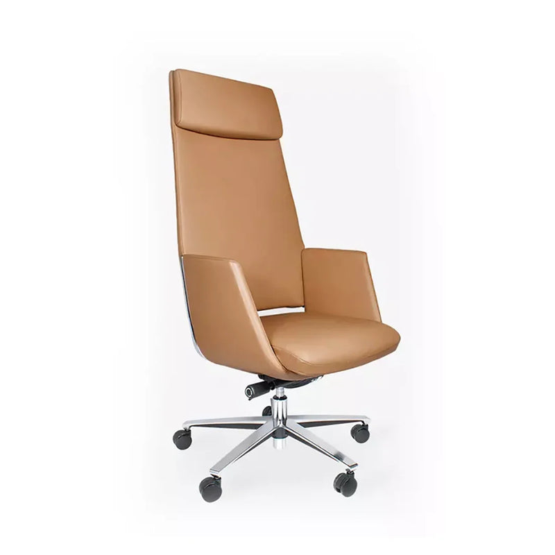 Sillón Ejecutivo Zenit Reclinable, Respaldo Alto, Tapizado en Piel Camello con Base de Aluminio.