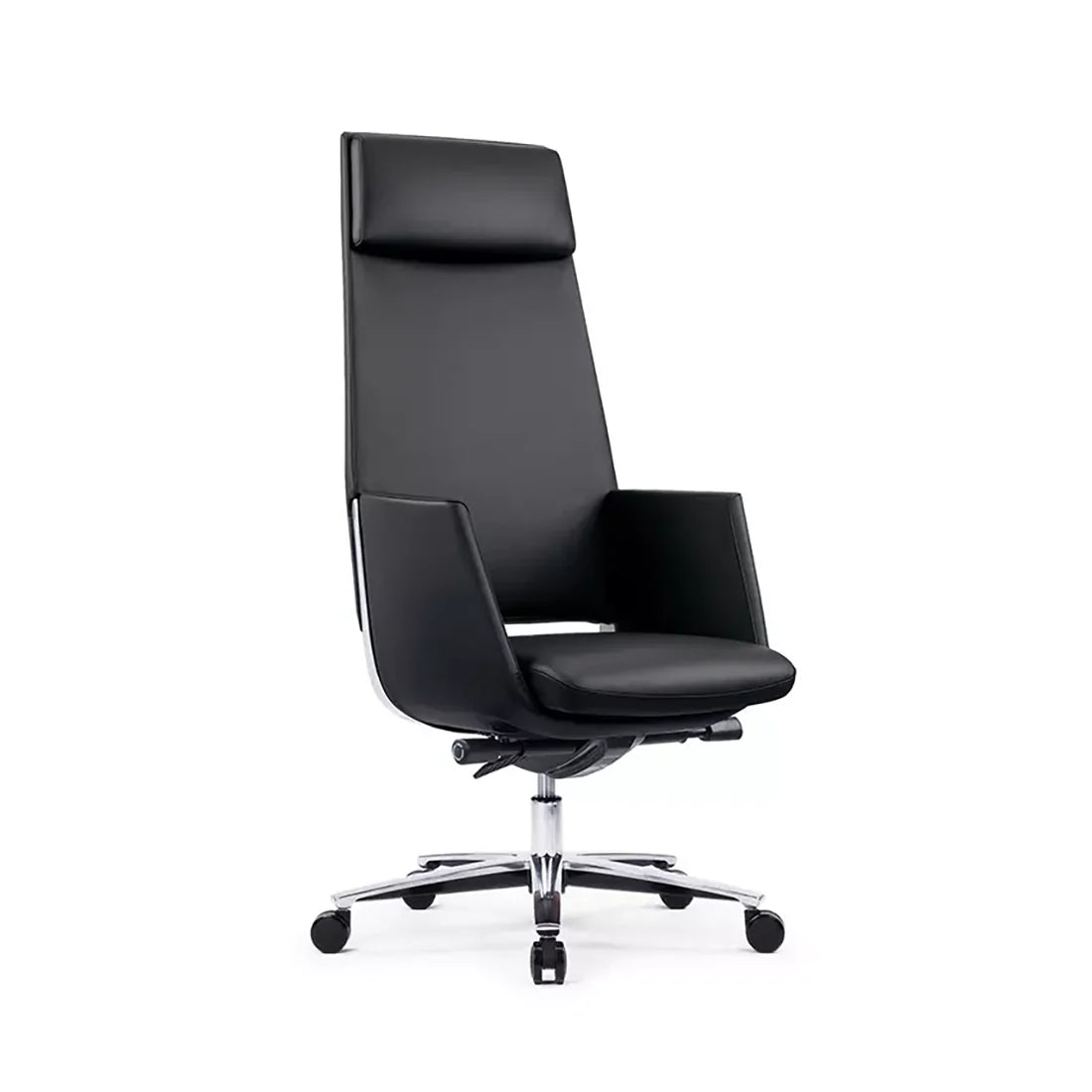 Sillón Ejecutivo Zenit Reclinable Respaldo Alto, Tapizado en Piel Negra con Base de Alumnio.