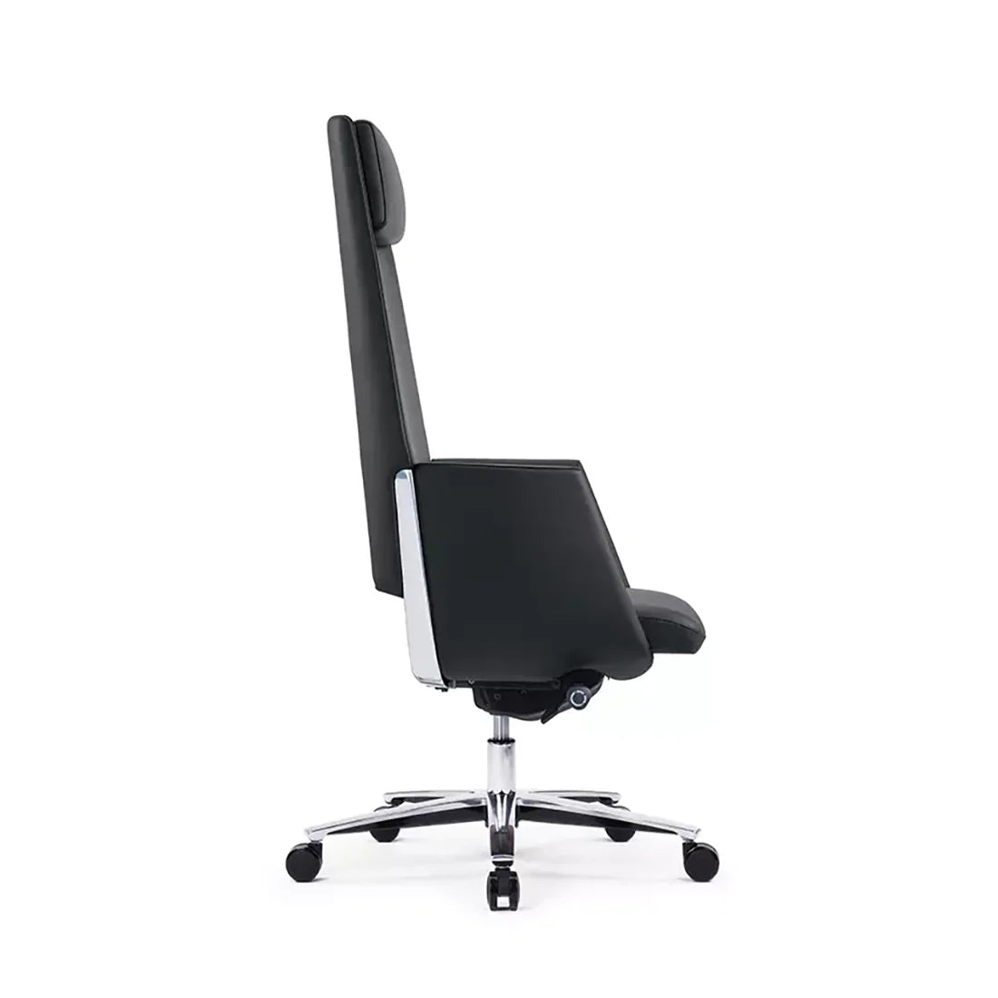 Sillón Ejecutivo Zenit Reclinable Respaldo Alto, Tapizado en Piel Negra con Base de Alumnio.