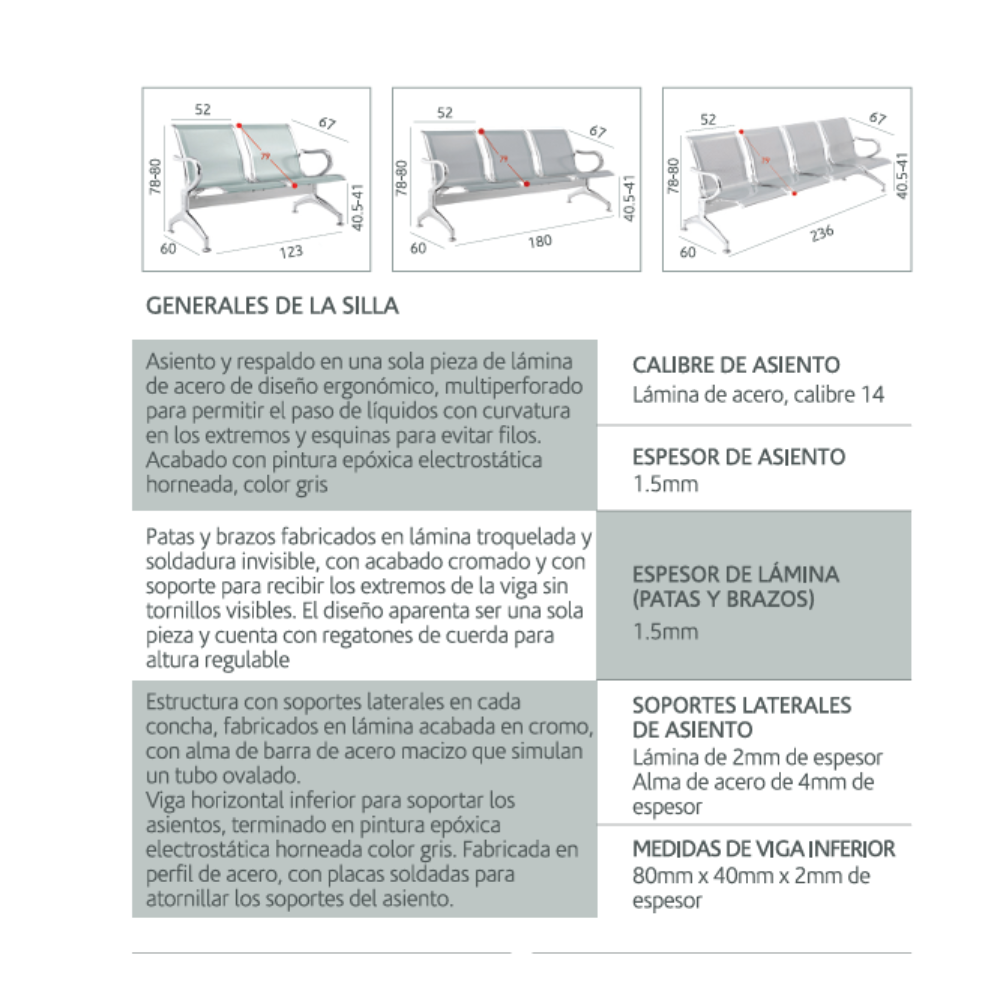 Banca Tandem Metálica Aria Cromada de 2, 3 y 4 Plazas