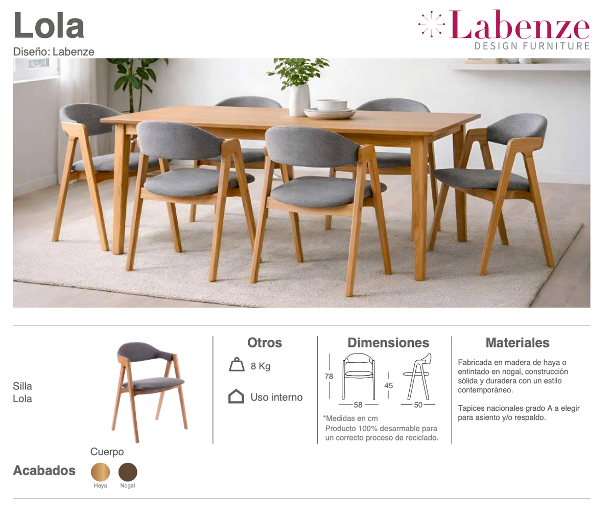 Silla Lola Madera de Haya Natural o Nogal Tapizada