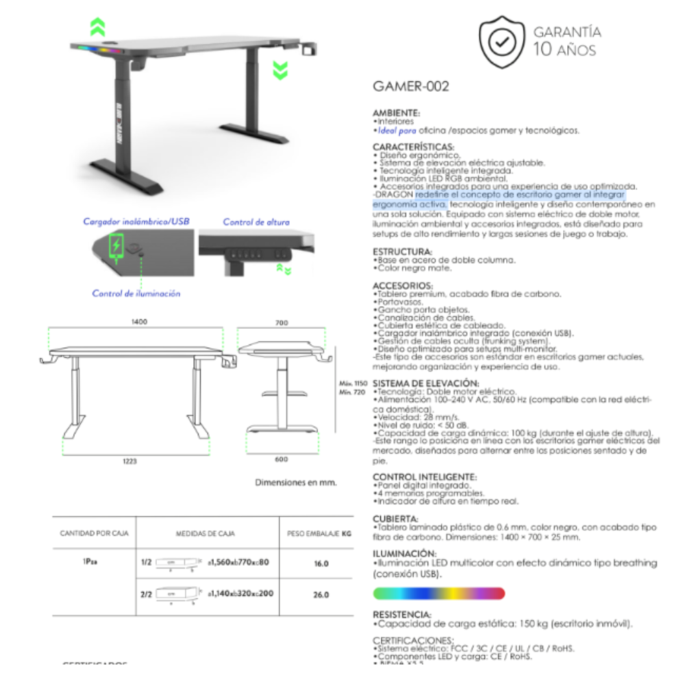 Mesa Gamer Dragon Altura Ajustable