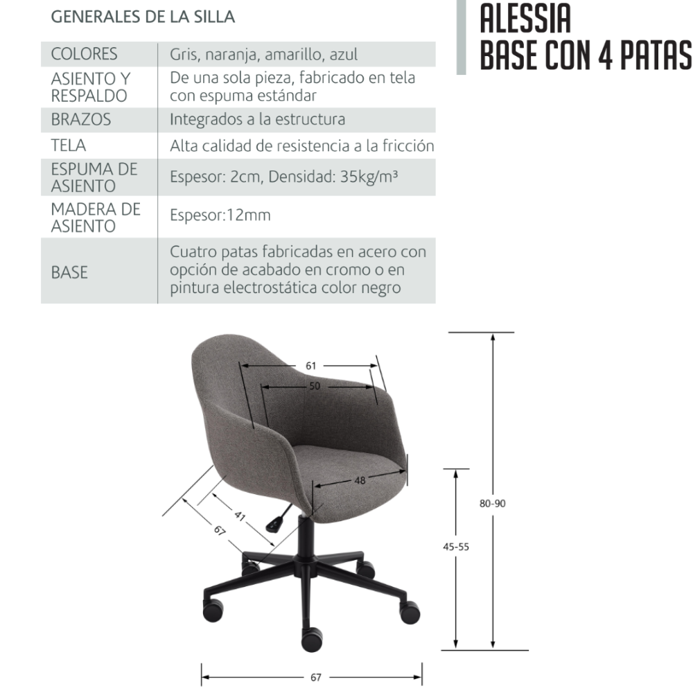 Silla Interior Alessia Base 4 Patas Cromadas
