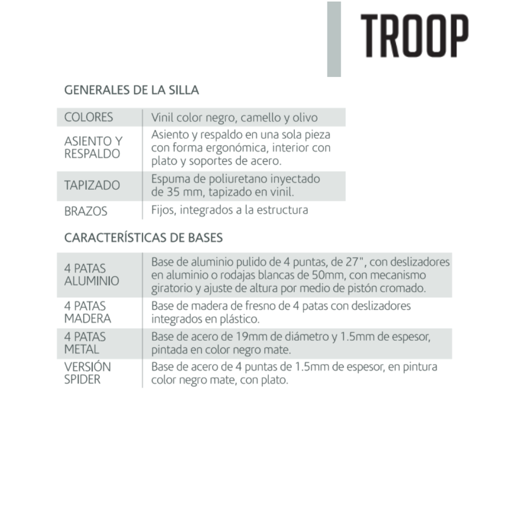 Silla Tapizada Vinil Troop Base 4 Patas