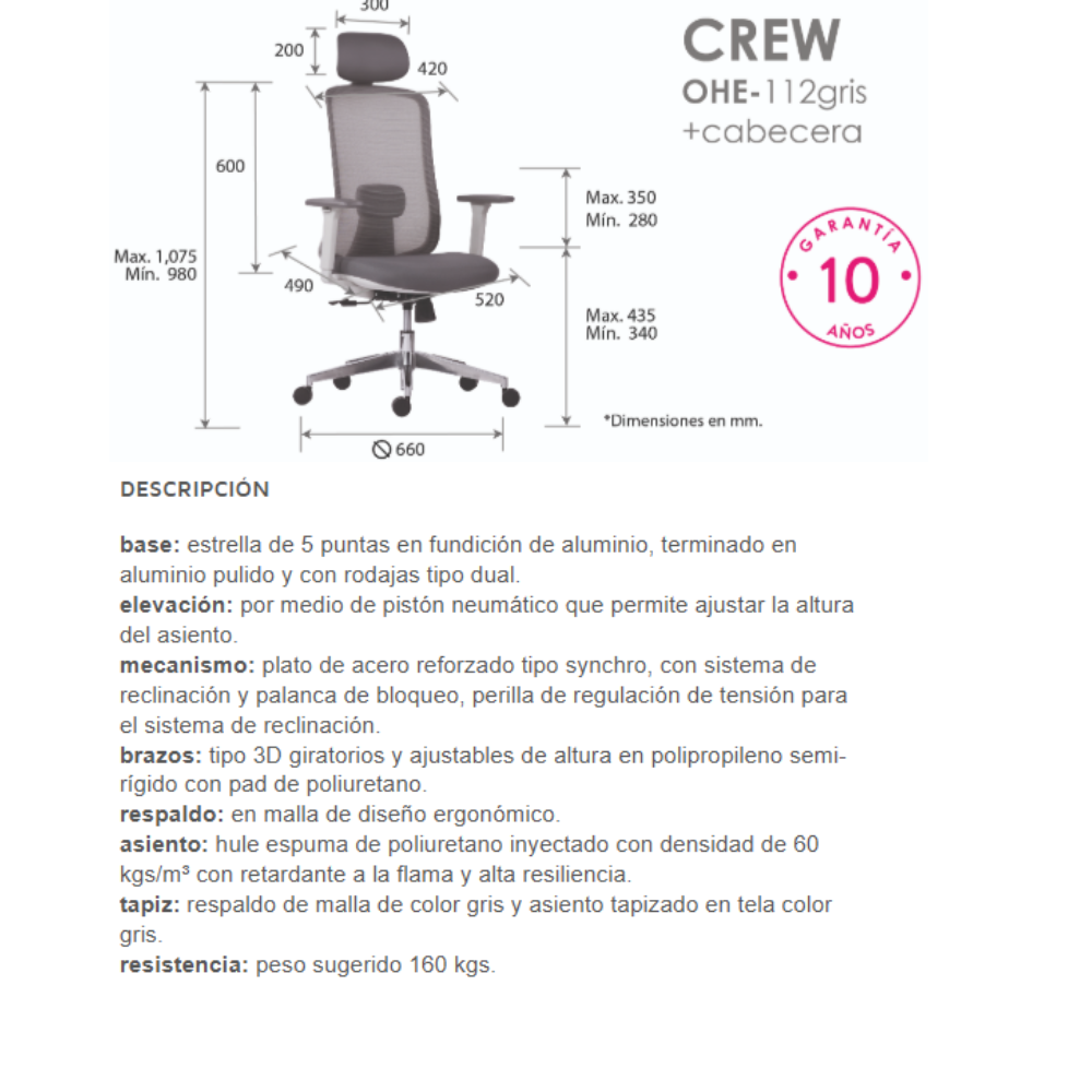 Silla Ejecutiva Crew gris con Cabecera OHE-112