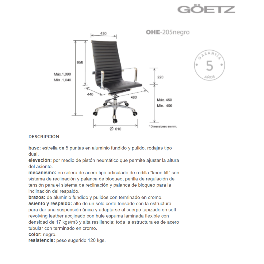 Silla Goetz negro respaldo Alto para mesa de Juntas OHE-205