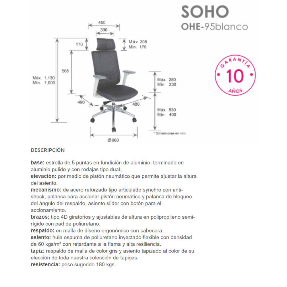 Silla Ejecutiva Soho Blanca tapizable en varios colores OHE-95