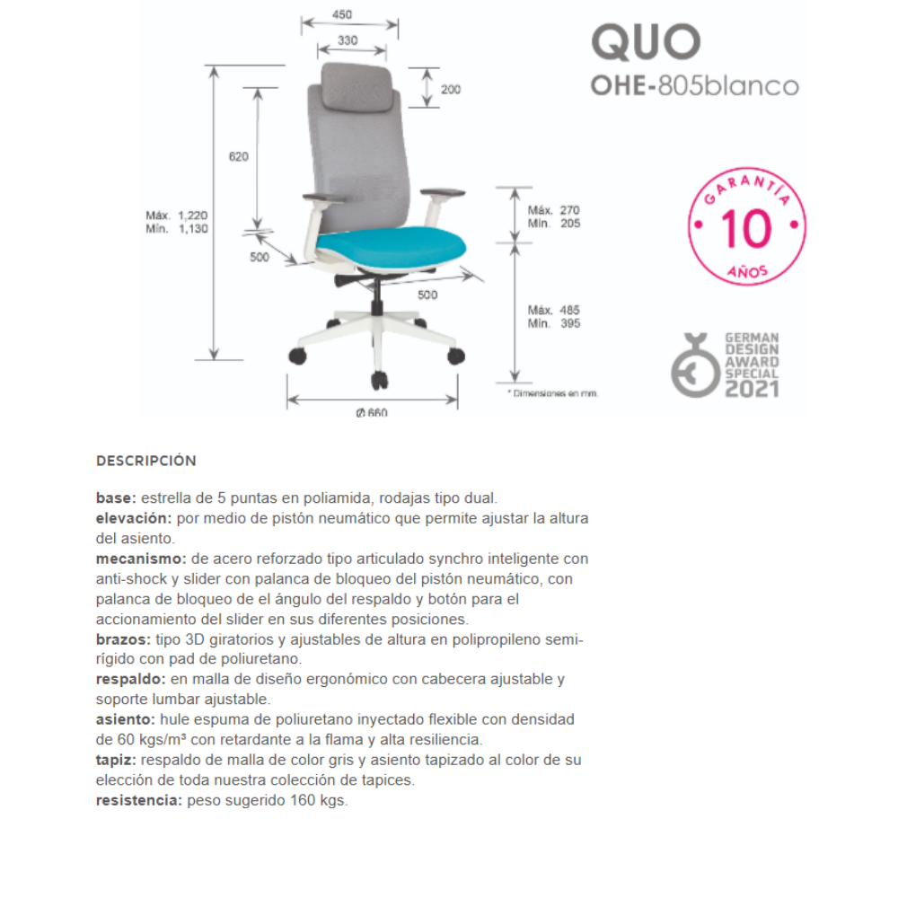 Silla Quo Ejecutiva Blanca Cabecera tapizable en varios colores OHE-805