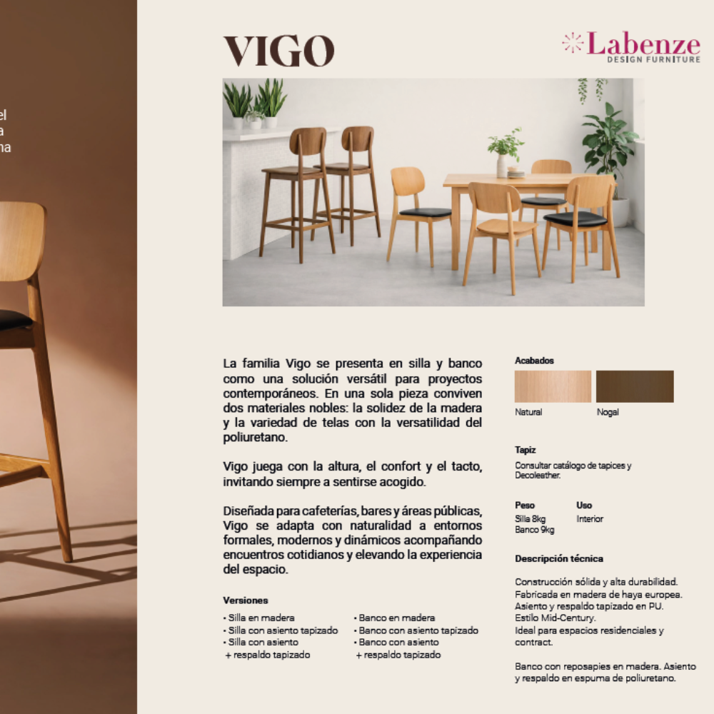 Silla Vigo madera de haya natural o nogal